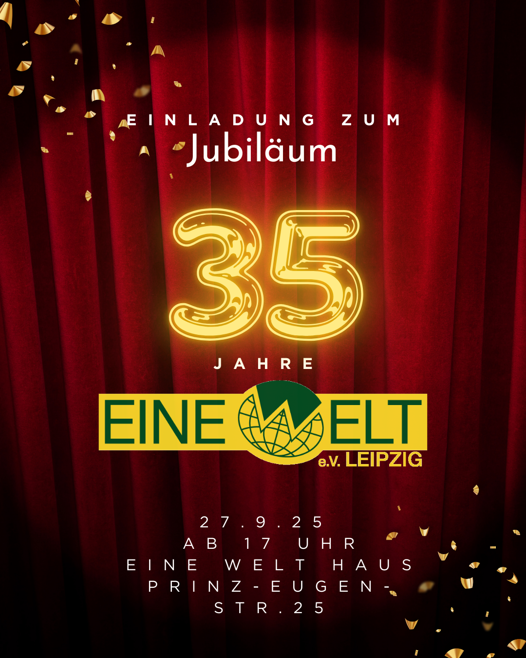 Theatervorhang mit Schrift 35 Jahre Eine Welt e.V.