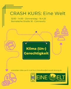 Ankünigung Veranstaltung "CRASH KURS Klima(un)gerechtigkeit". Angaben wie Datum und Uhrzeit wie im Text