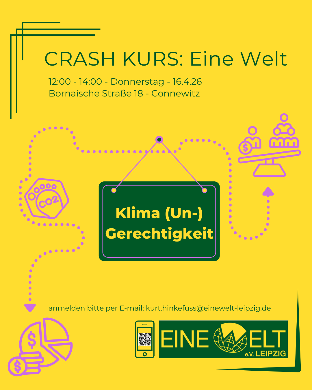 Ankünigung Veranstaltung "CRASH KURS Klima(un)gerechtigkeit". Angaben wie Datum und Uhrzeit wie im Text